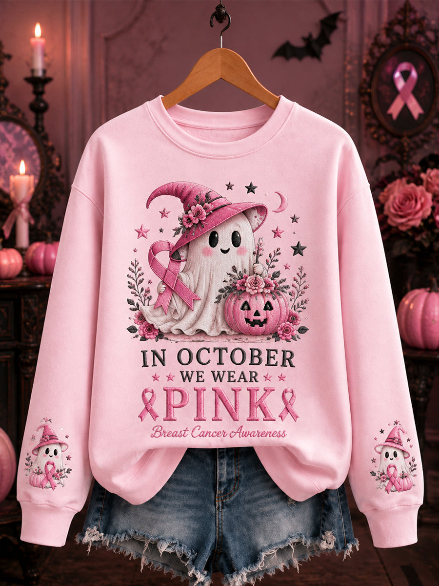 Women's In October We Wear Pink Halloween Pink Ghost Print Breast Cancer Awareness Support Sweatshirt gracestitchs