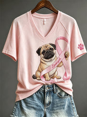Women's Strength Pink Ribbon Pug Dog & Paw Print short-sleeved T-shirt gracestitchs