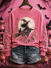 Women's Breast Cancer Awareness Halloween Witch-Themed Casual Regular Sweatshirt gracestitchs