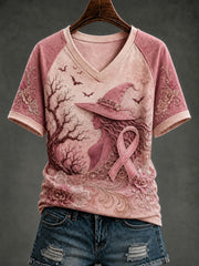 Women's Breast Cancer V-neck Off-shoulder Short-sleeved T-shirt gracestitchs