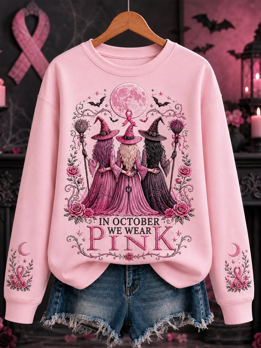 Women's In October We Wear Pink Halloween Pink Witches Print Breast Cancer Awareness Support Sweatshirt gracestitchs