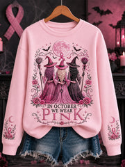 Women's In October We Wear Pink Halloween Pink Witches Print Breast Cancer Awareness Support Sweatshirt gracestitchs