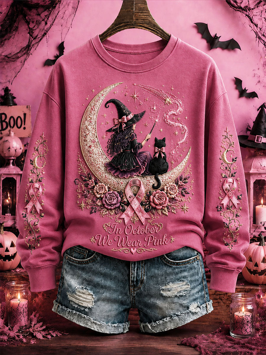 Women's Breast Cancer Awareness Halloween Witch-Themed Casual Regular Sweatshirt gracestitchs