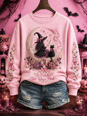 Women's Breast Cancer Awareness Halloween Witch-Themed Casual Regular Sweatshirt gracestitchs
