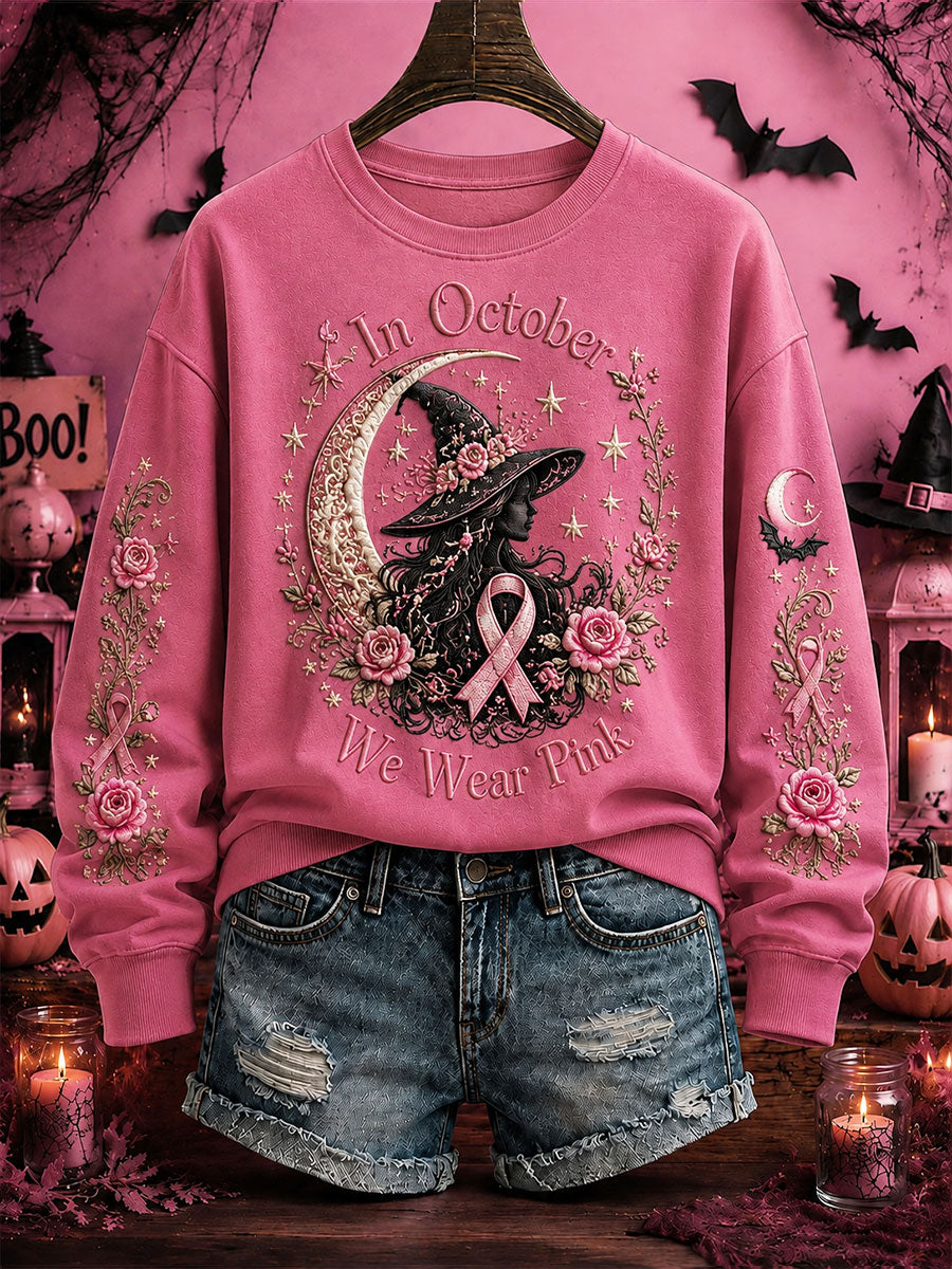 Women's Breast Cancer Awareness Halloween Witch-Themed Casual Regular Sweatshirt gracestitchs