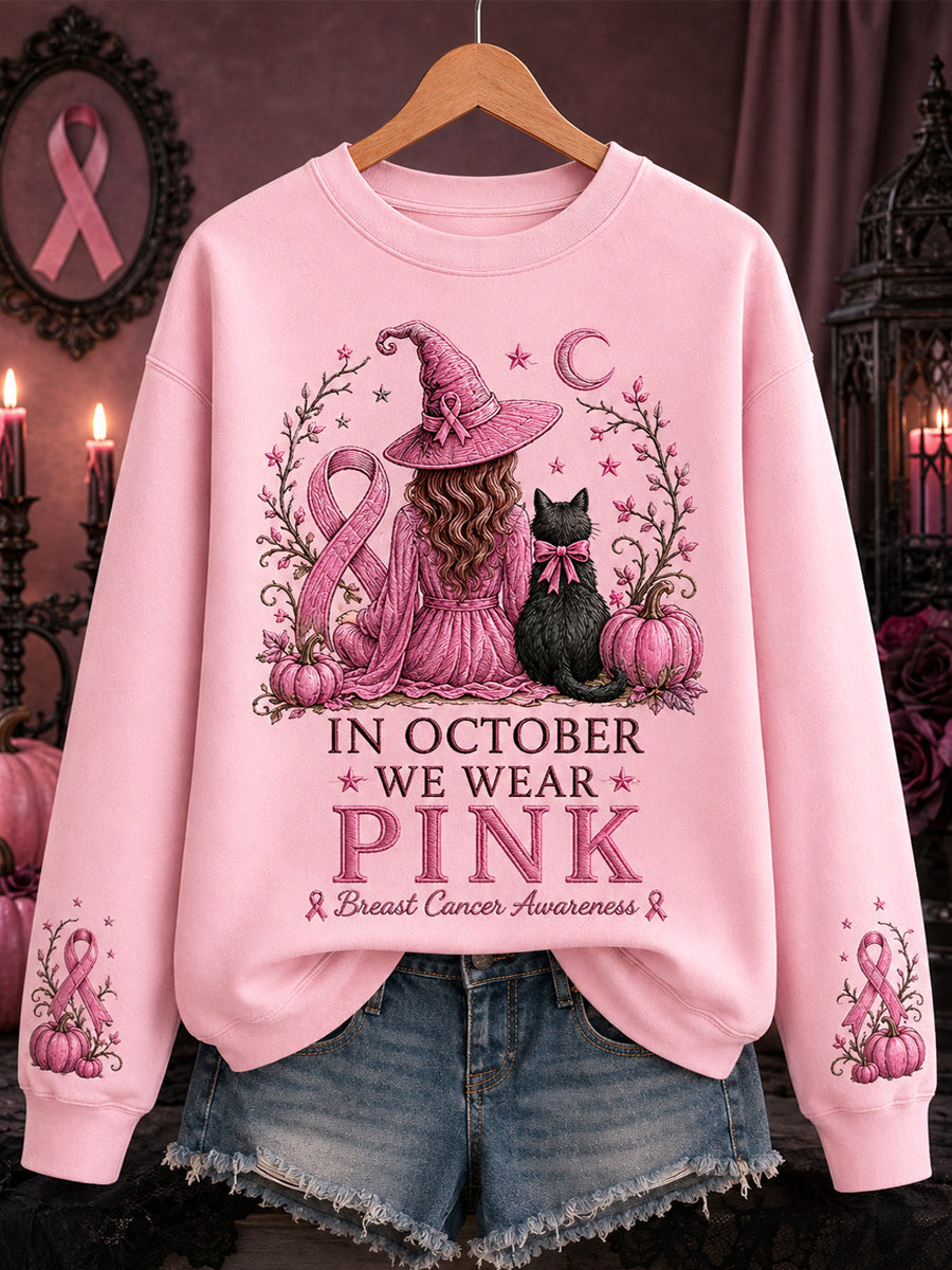 Women's In October We Wear Pink Halloween Pink Witch Print Breast Cancer Awareness Support Sweatshirt gracestitchs