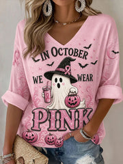 Women's In October We Wear Pink Mid-length Sleeves V-Neck T-Shirt gracestitchs