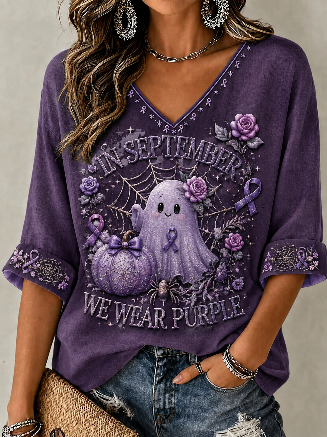 Women's In September We Wear Purple Mid-length Sleeves V-Neck T-Shirt gracestitchs