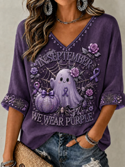 Women's In September We Wear Purple Mid-length Sleeves V-Neck T-Shirt gracestitchs