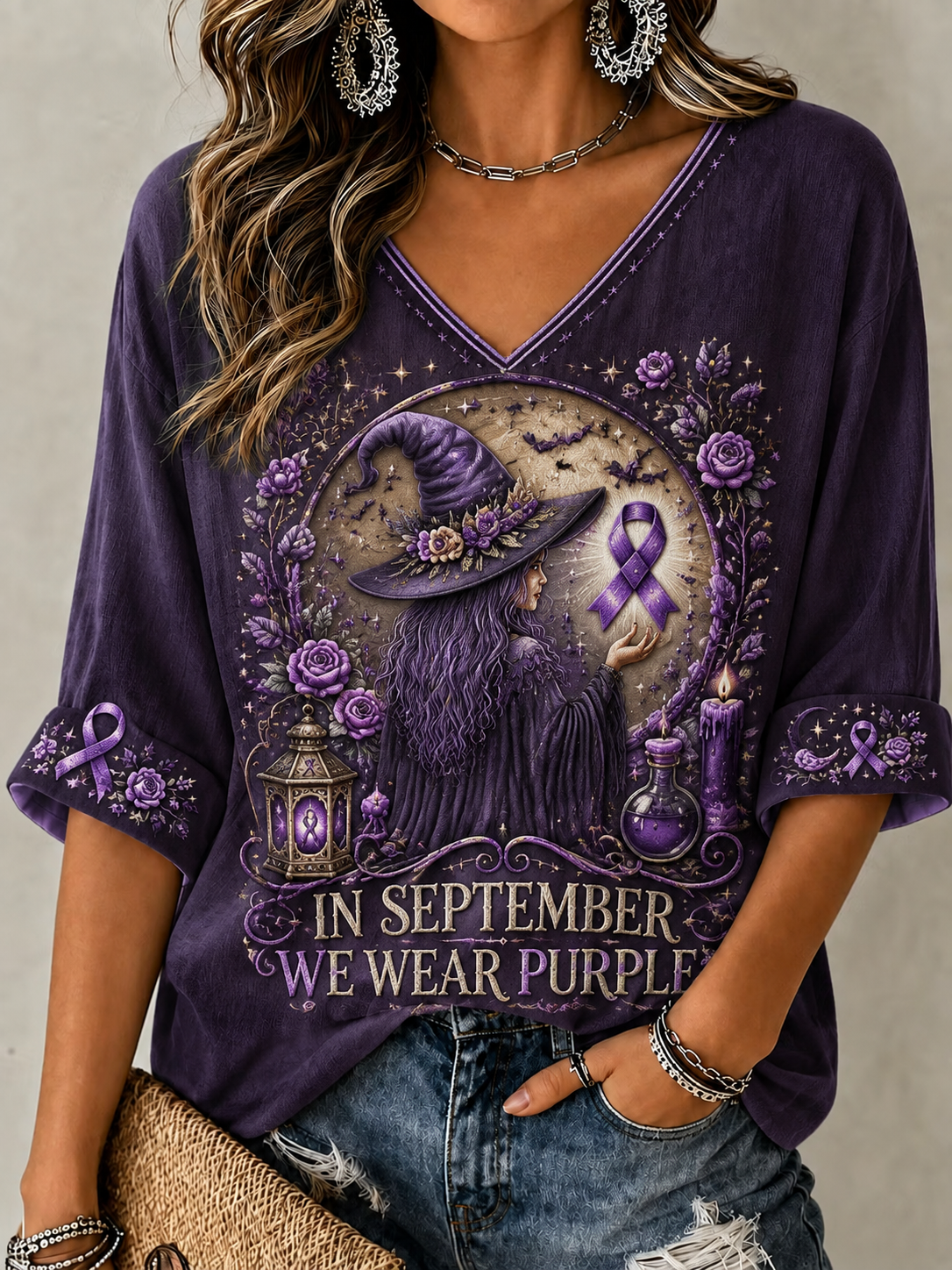 Women's In September We Wear Purple Mid-length Sleeves V-Neck T-Shirt gracestitchs