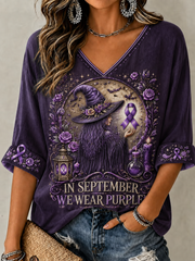 Women's In September We Wear Purple Mid-length Sleeves V-Neck T-Shirt gracestitchs