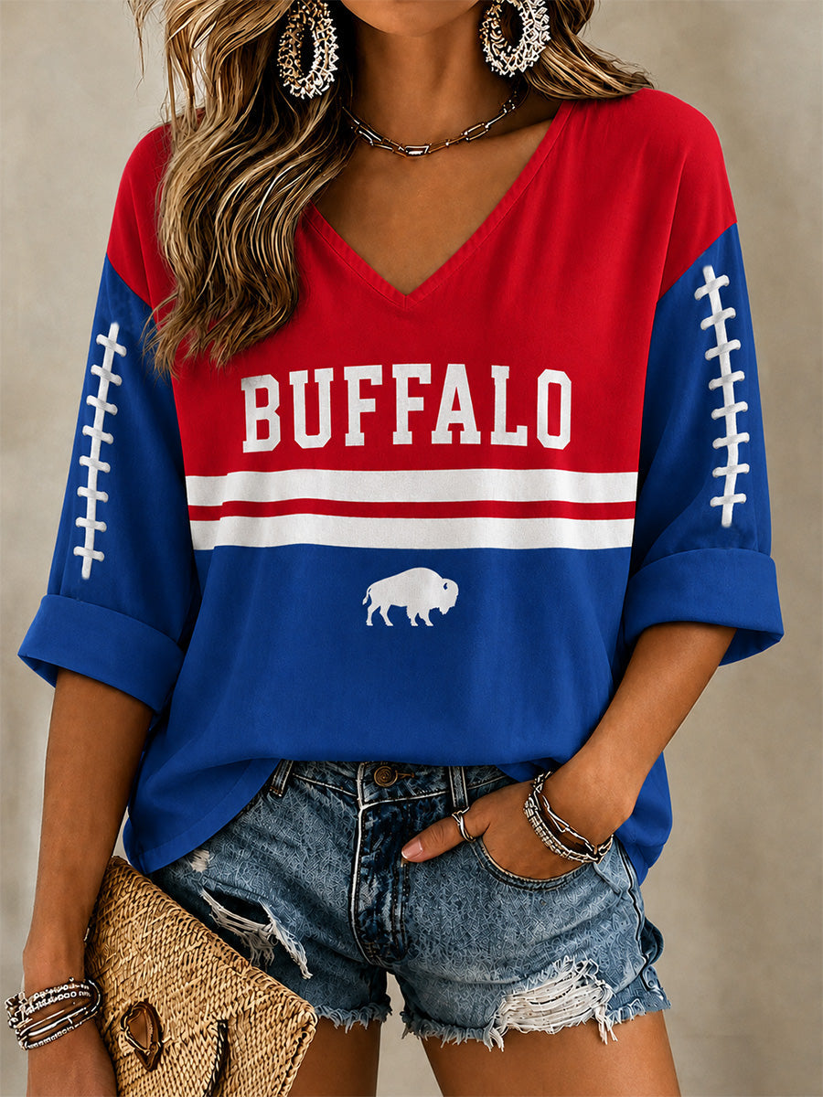 Women's Football Lover Buffalo Print V-Neck Tee gracestitchs