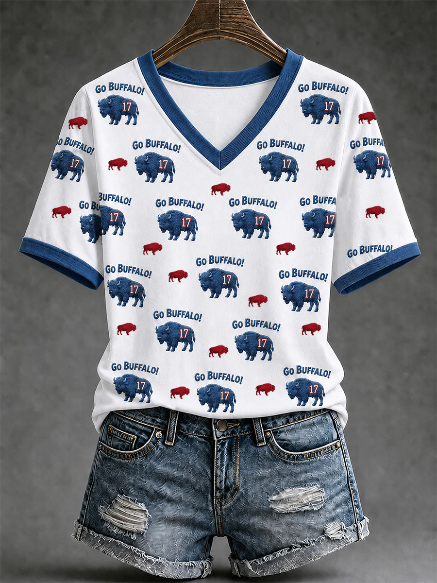 Women's Football Lover Buffalo Print V-Neck Tee gracestitchs