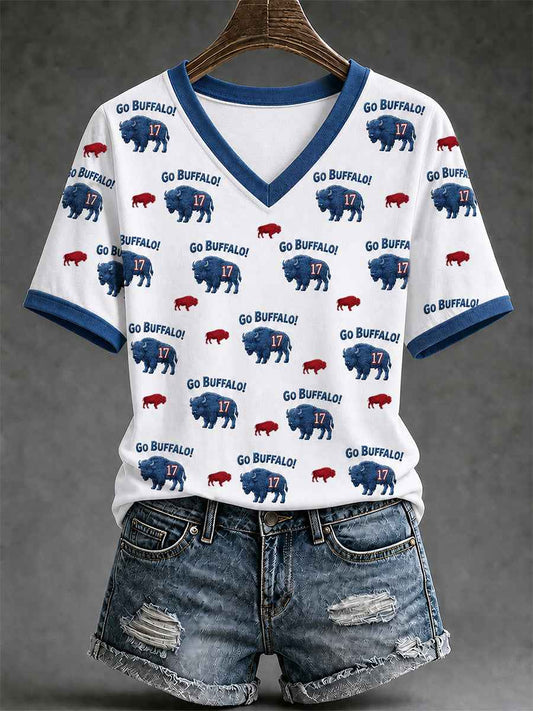 Women's Football Lover Buffalo Print V-Neck Tee