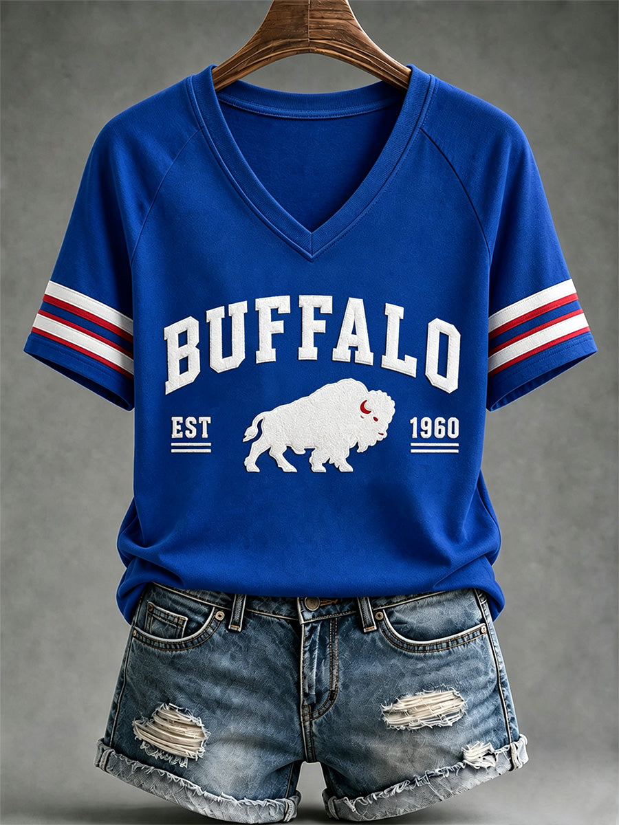 Women's Football Lover Buffalo Print V-Neck Tee gracestitchs