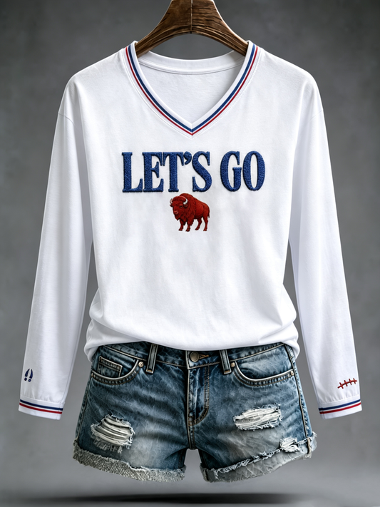 Women's Football Lover Bulls BUF Art Printed V-Neck T-Shirt gracestitchs