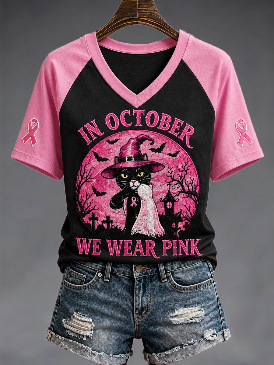 Women's In October We Wear Pink Halloween Black Cat Print Breast Cancer Awareness Support V-Neck Tee gracestitchs