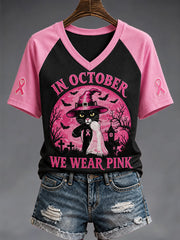 Women's In October We Wear Pink Halloween Black Cat Print Breast Cancer Awareness Support V-Neck Tee gracestitchs