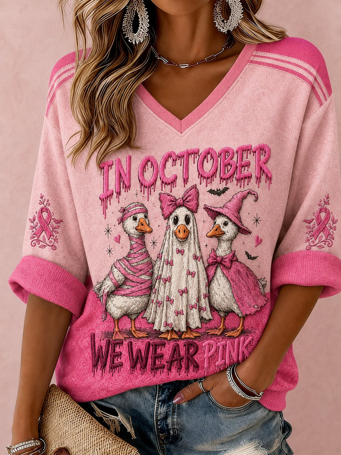 Women's In October We Wear Pink Printed Mid-length Sleeves V-neck T-shirt gracestitchs