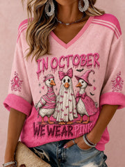 Women's In October We Wear Pink Printed Mid-length Sleeves V-neck T-shirt gracestitchs