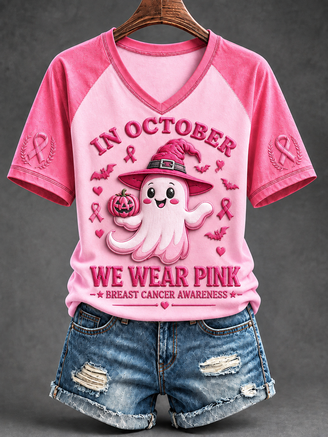 Women's Breast Cancer Prevention and Awareness Pink October V-neck Short Sleeve T-shirt gracestitchs