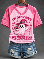 Women's Breast Cancer Prevention and Awareness Pink October V-neck Short Sleeve T-shirt gracestitchs