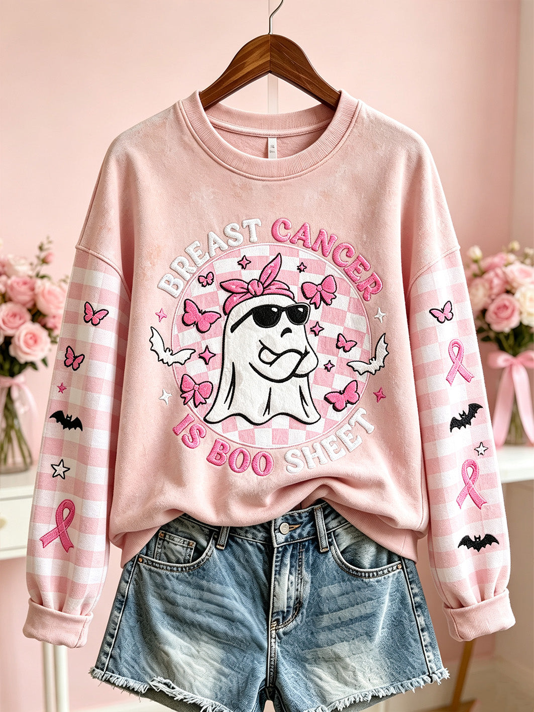 Women's Breast Cancer Theme Halloween Cute Boo Elements Pattern Printed Casual  Sweatshirt gracestitchs