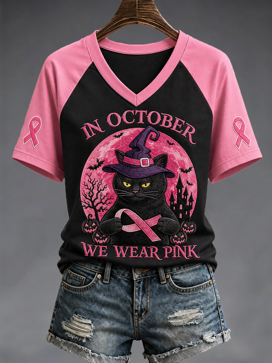 Women's In October We Wear Pink Halloween Black Cat Print Breast Cancer Awareness Support V-Neck Tee gracestitchs