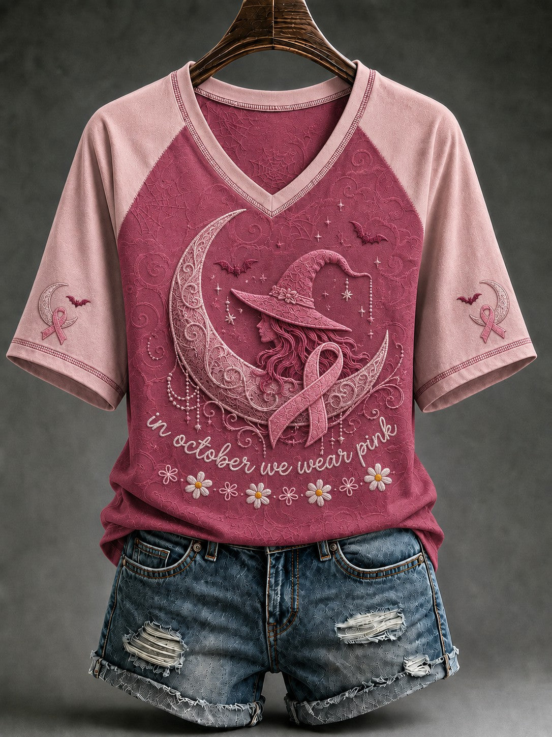 Women's In October We Wear Pink Printed V-neck T-shirt gracestitchs