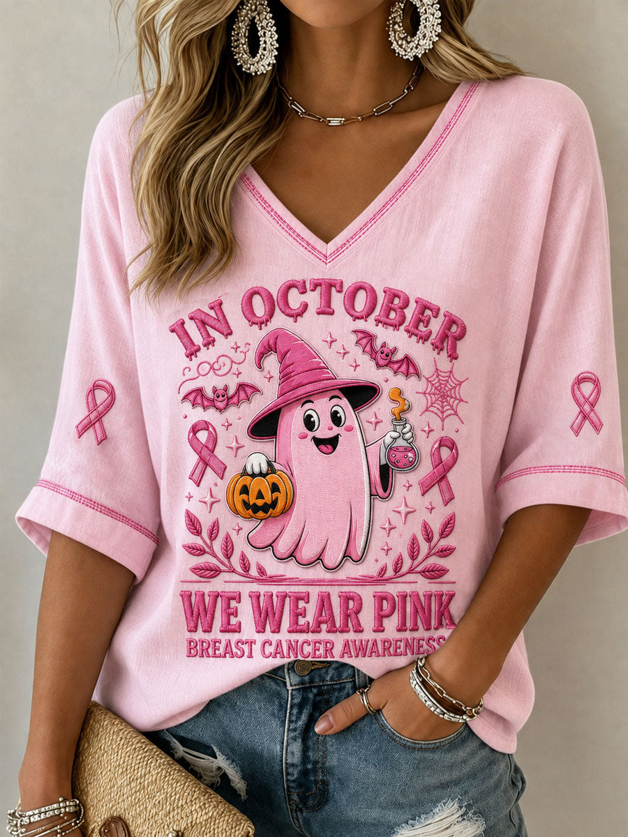 Women's Breast Cancer Prevention Awareness Pink October Mid-length Sleeves V-Neck T-Shirt gracestitchs