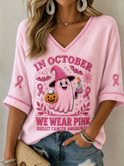 Women's Breast Cancer Prevention Awareness Pink October Mid-length Sleeves V-Neck T-Shirt gracestitchs