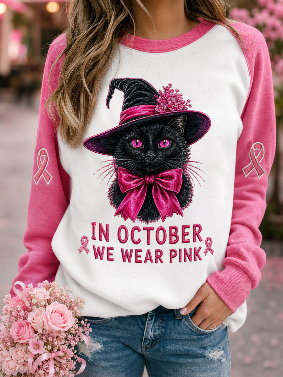 Women's In October We Wear Pink Halloween Black Cat Print Breast Cancer Awareness Support Sweatshirt gracestitchs