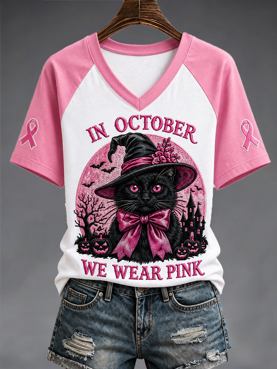 Women's In October We Wear Pink Halloween Black Cat Print Breast Cancer Awareness Support V-Neck Tee gracestitchs