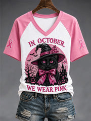 Women's In October We Wear Pink Halloween Black Cat Print Breast Cancer Awareness Support V-Neck Tee gracestitchs