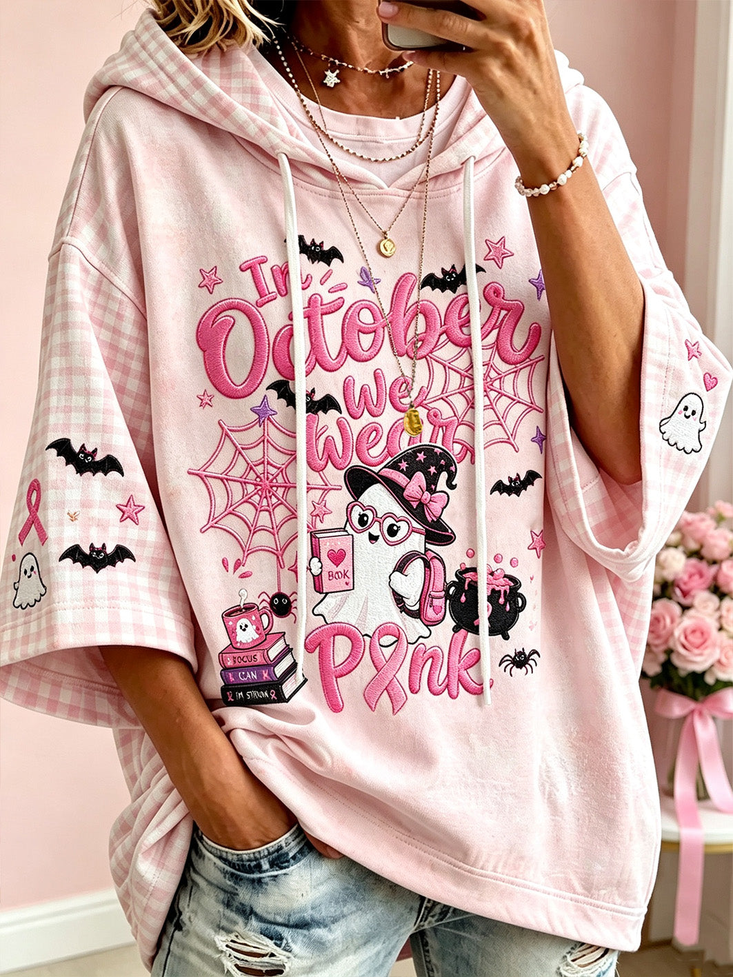 Women's Breast Cancer Theme Halloween Cute Boo Elements Pattern Printed Casual Hoodie gracestitchs