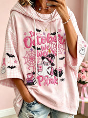 Women's Breast Cancer Theme Halloween Cute Boo Elements Pattern Printed Casual Hoodie gracestitchs