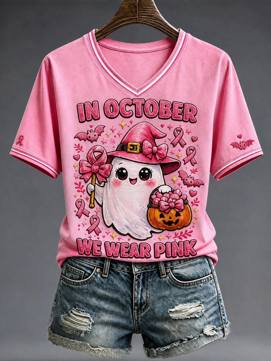 Women's Breast Cancer Prevention and Awareness Pink October V-neck Short Sleeve T-shirt gracestitchs