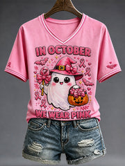 Women's Breast Cancer Prevention and Awareness Pink October V-neck Short Sleeve T-shirt gracestitchs