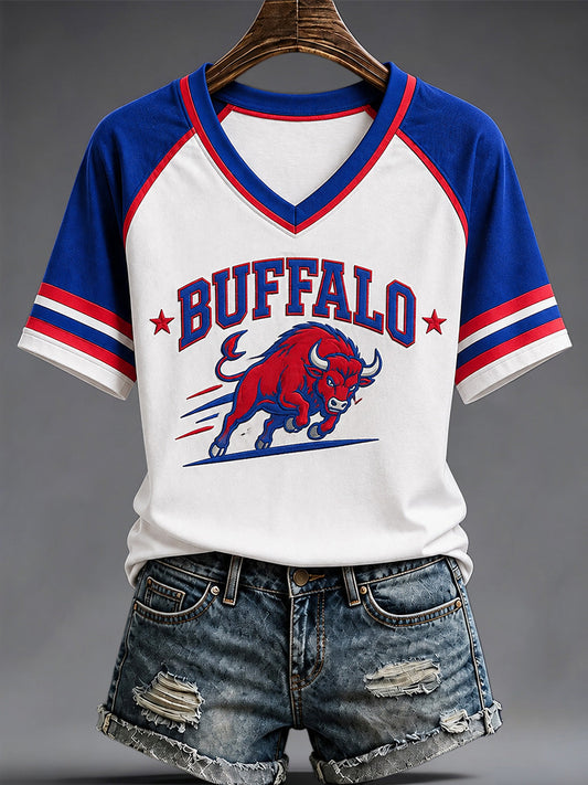 Women's Football Lover Buffalo Print V-Neck Tee gracestitchs