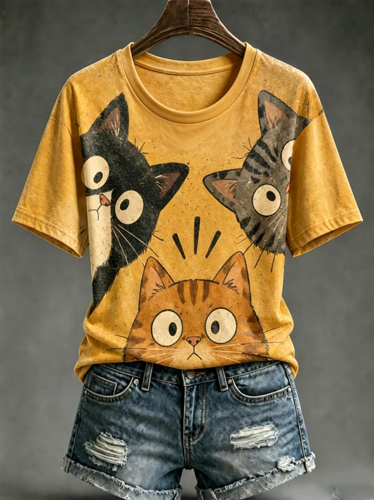 Women's Cute cat print short-sleeved T-shirt gracestitchs