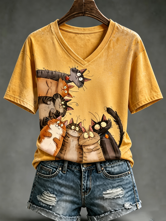 Women's Cute cat print short-sleeved T-shirt gracestitchs