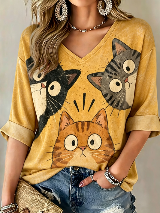 Women's Cute cat print Mid-length Sleeves V-Neck T-Shirt gracestitchs