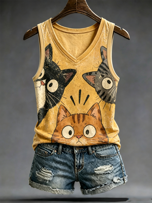 Women's Cute cat print Vests gracestitchs