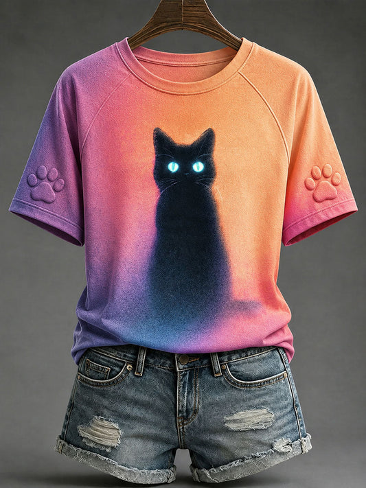 Women's Black Cat Print Casual T-Shirts gracestitchs