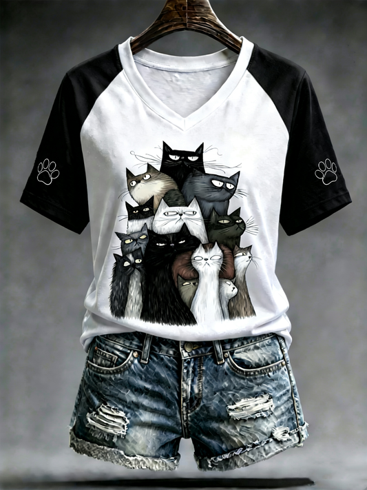 Women's Cute cat print V-neck off-shoulder short-sleeved T-shirt gracestitchs