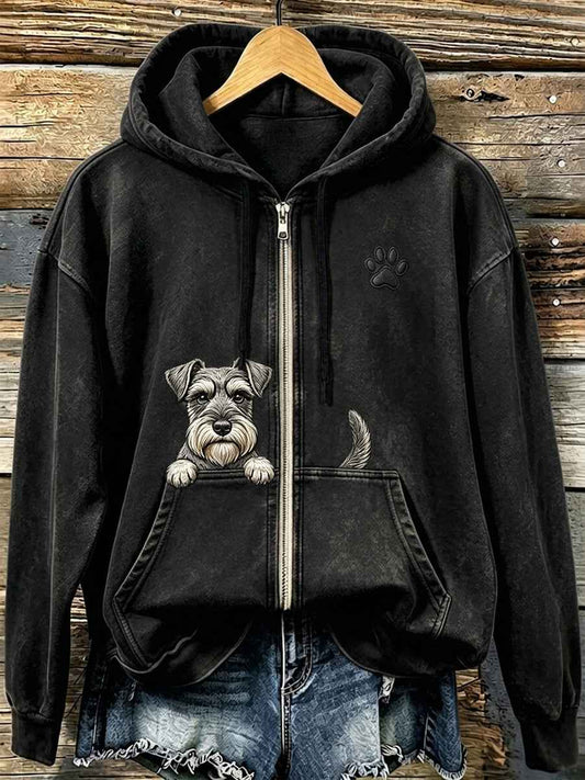 Women's Cute Schnauzer & Paw Print Cozy Zip-Up Hoodie