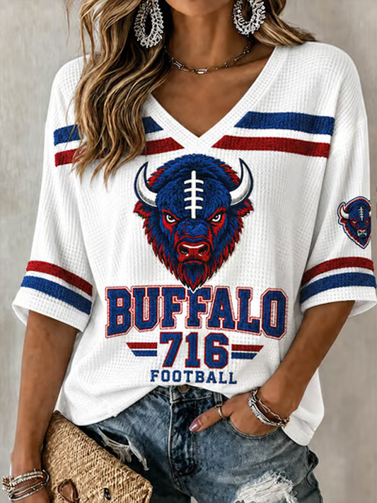 Women's Football Lover Bulls BUF Art Printed Waffle T-shirt gracestitchs
