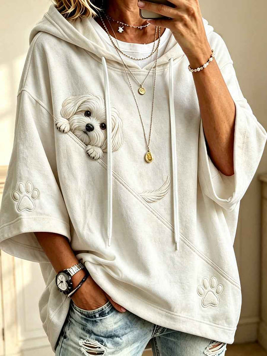 Women’s Cute Peeking Maltese Dog with Paw Print Cozy Hoodie