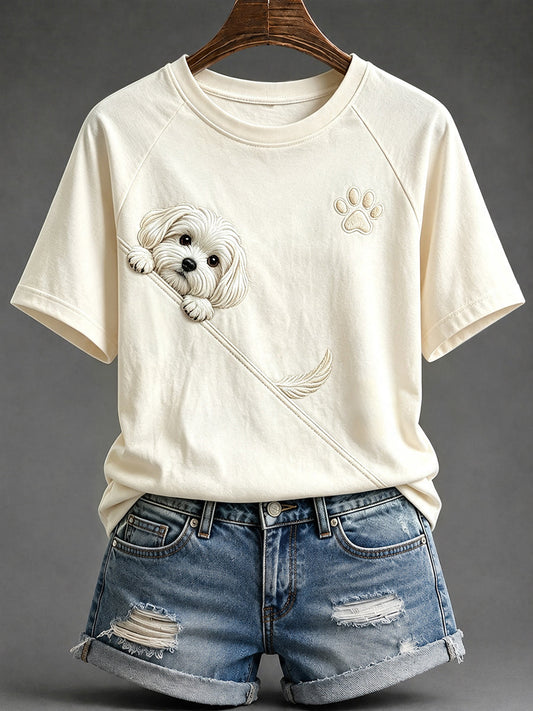 Women's Cute Peeking Maltese Dog with Paw Print Round Neck Short Sleeve T-shirt gracestitchs