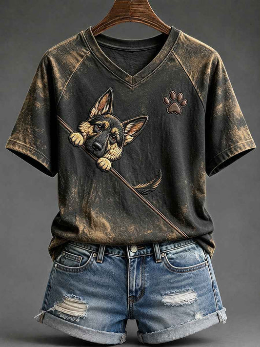 Women's Cute Peeking German Shepherd with Paw Print V-neck Short-sleeved T-shirt